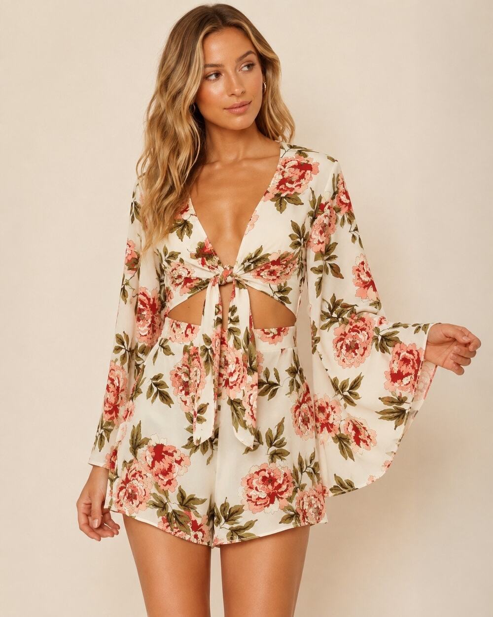 Show Me Your Mumu Charleston Floral  Bell Sleeve Cutout Tie Front Romper  Large